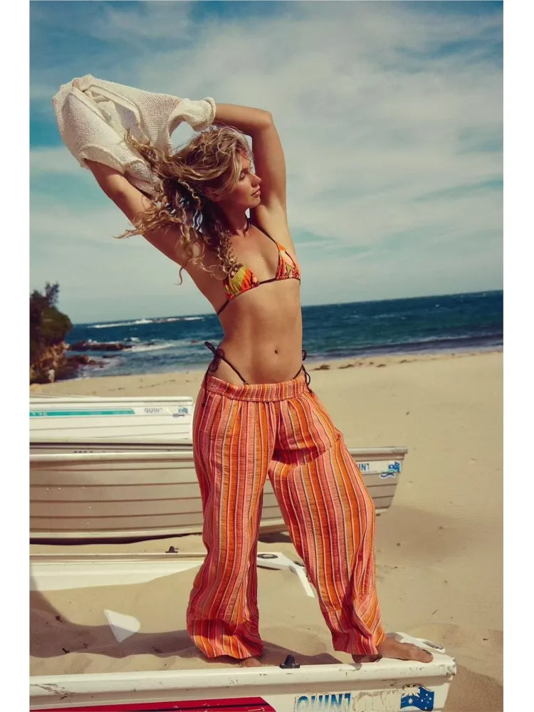 Woman's Fashion Color Striped Printed Pant Spring Versatile Elastic Waist Loose Trousers Ladies Autumn Hot Style Wide-leg Pants