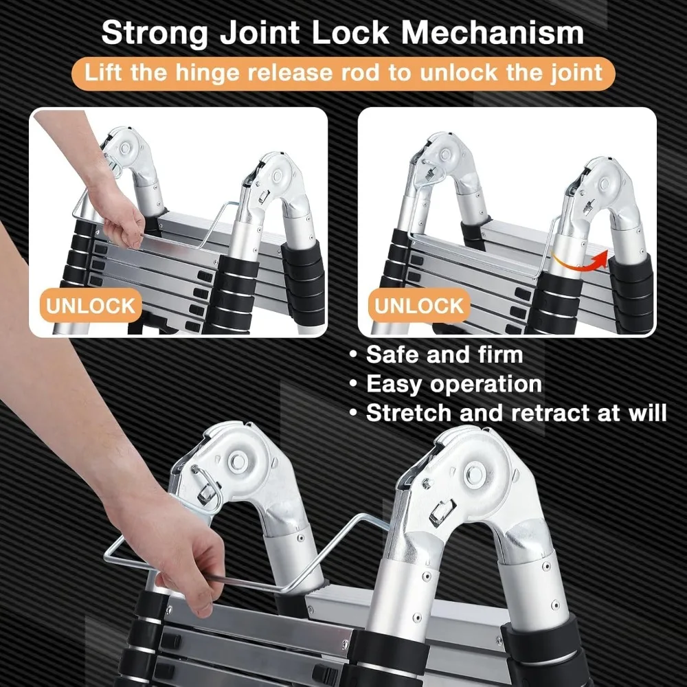 12.5 FT Telescopic Ladder, Aluminium Silver A Frame Telescoping Ladder, Portable Extension Ladder with Non-Slip Feet