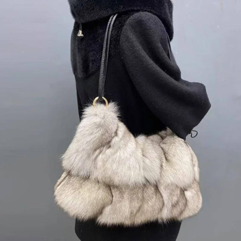 New Winter Fox Fur Women Handbag Luxury Party Women Bag Tote Designer High Quality Gray Khaki Shoulder Bag Female