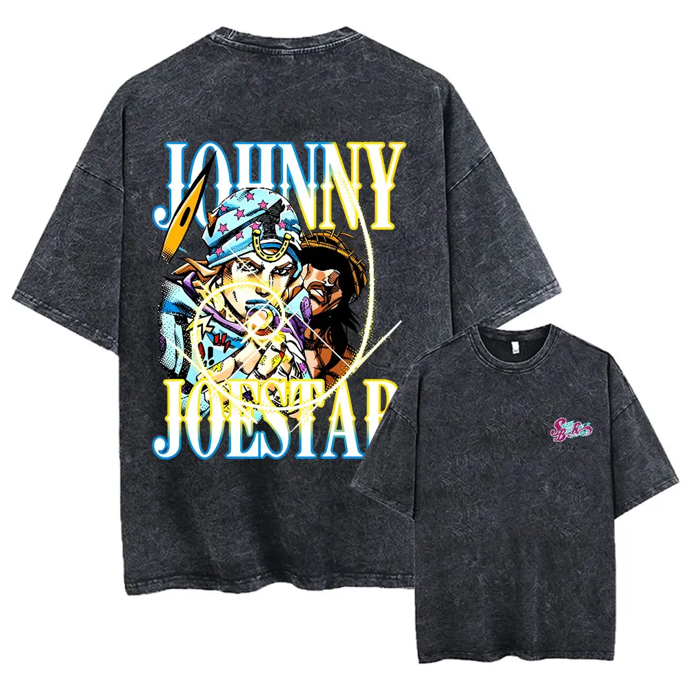 Washed Vintage Anime Jojo Bizarre Adventure Steel Ball Run Johnny Joestar T-shirt Men Women Manga Casual Retro Oversized T Shirt