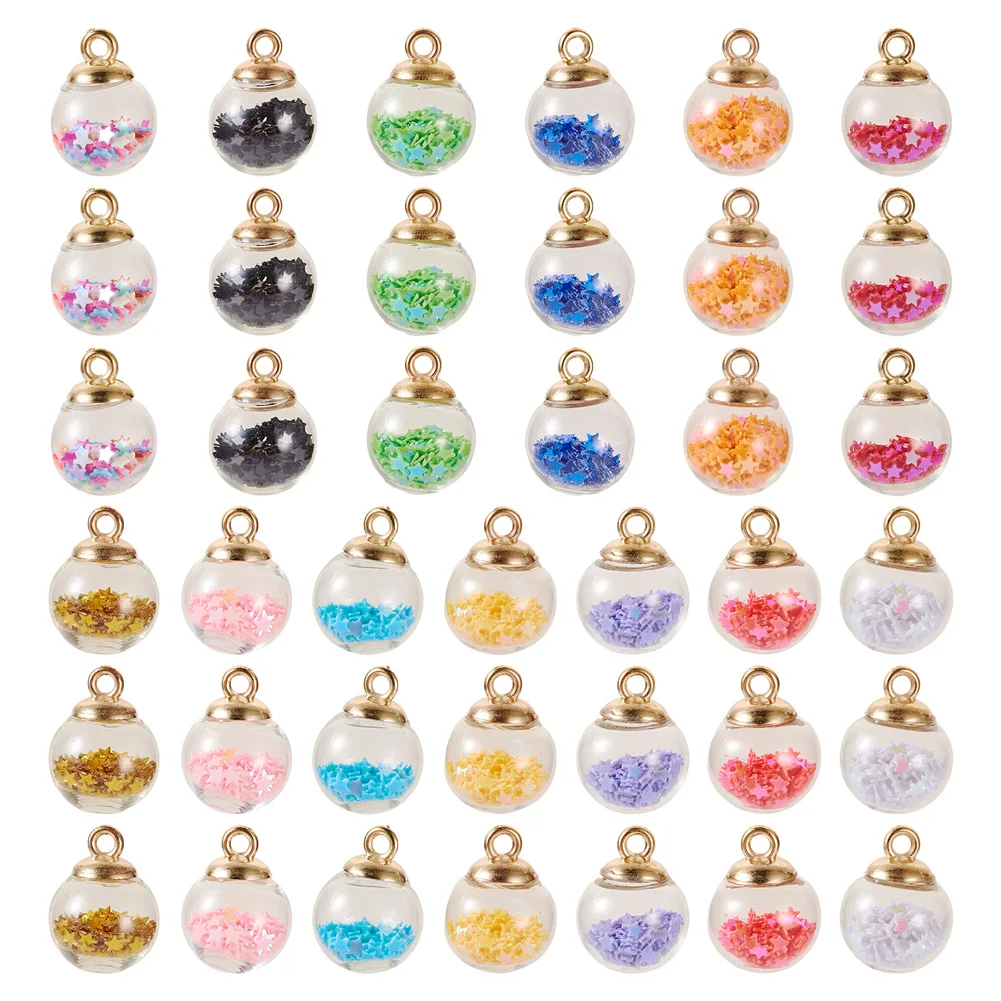 52Pcs 13 Colors Transparent Glass Round Pendants Round Beads with Foam Glitter Star Charms DIY Handmade Jewelry Making Necklaces