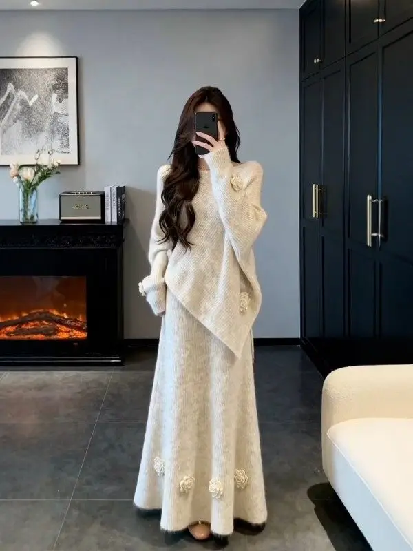 

Asymmetric Knitted Sweater And f Skirt Two-Piece Set for Women Autumn Winter Aosphere Ladylike Ele Faionable Ensemble