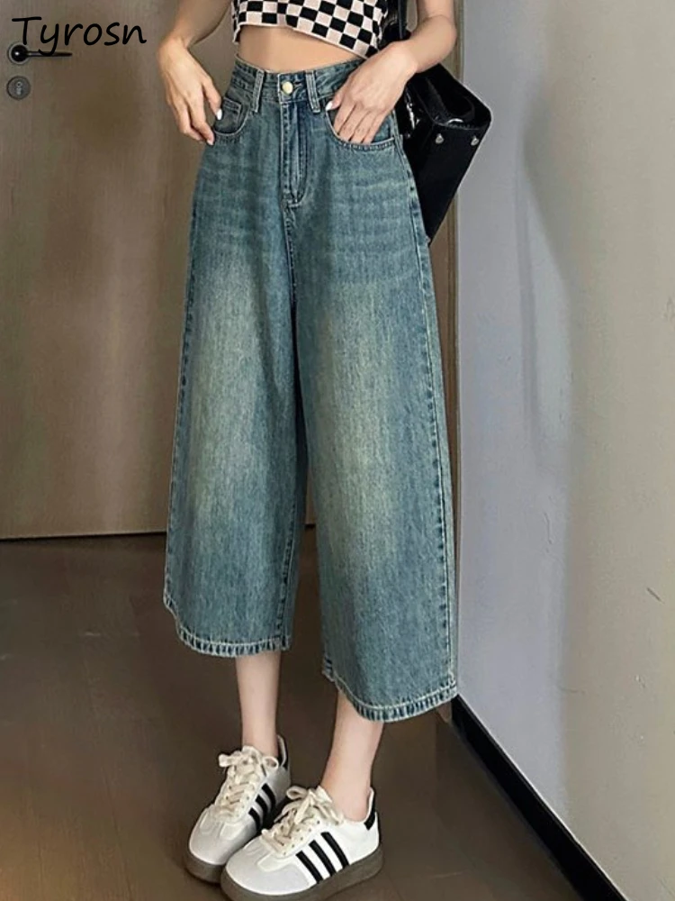 Jeans Women Classic All-match Do Old Popular Simple Students Loose Streetwear Design Wide Leg Daily Ulzzang Calf-Length Trendy