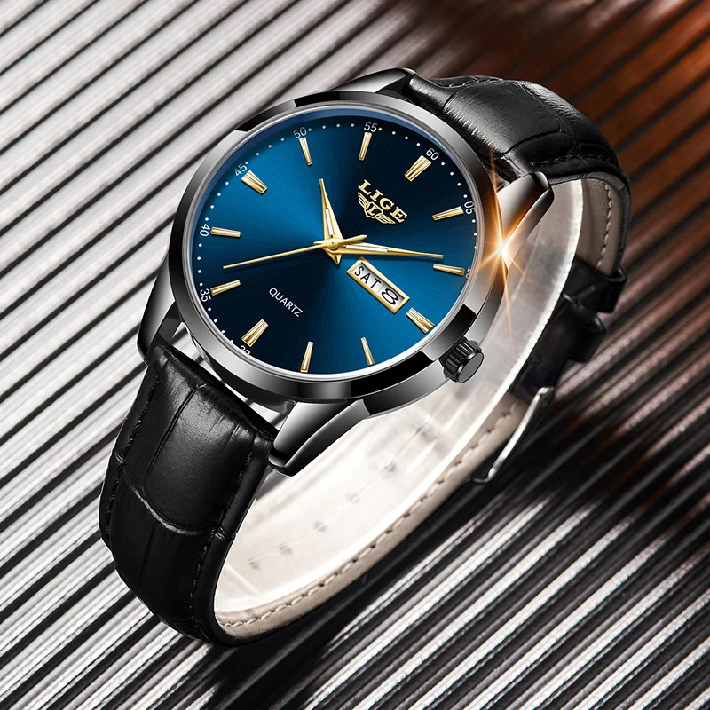 LIGE Luxury Man Watch Waterproof Luminous Date Week Leather Watch For Men Sports Men\'s Quartz Wristwatches Male Clock Reloj+Box