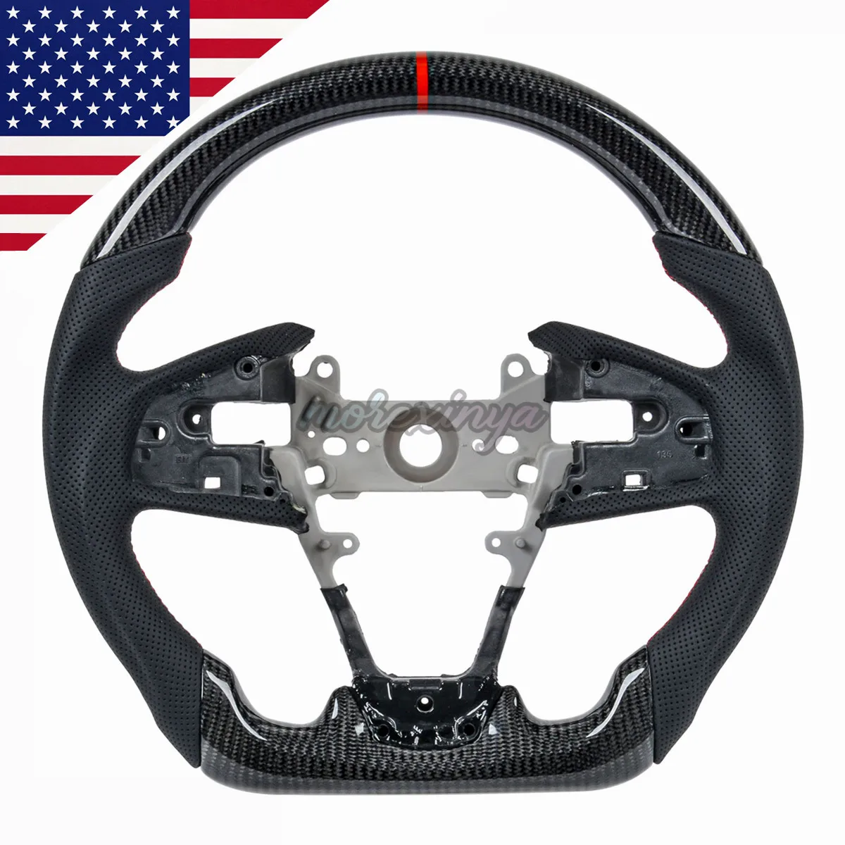 Real Carbon Fiber Steering Wheel For Honda Civic FK8 Type-R 2016-2021 10th Gen USA Version D-Shaped Flat-Bottom, Nappa Grips