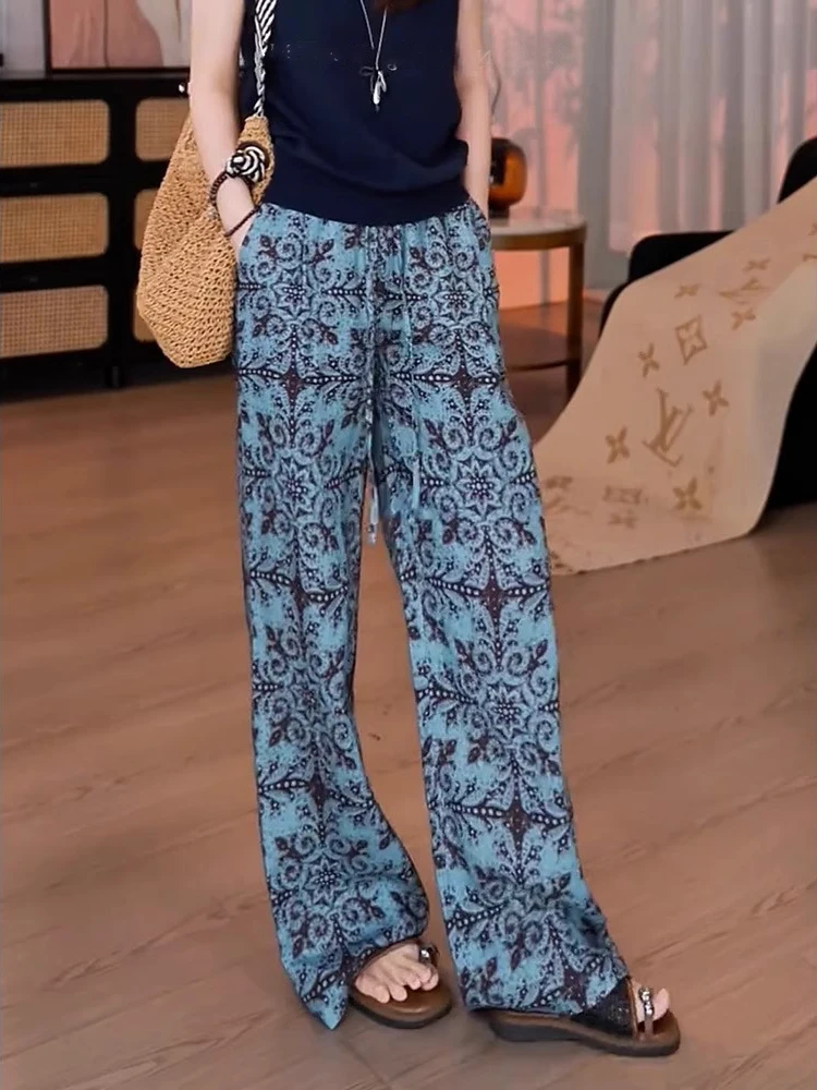 Pantaloni casual a gamba larga con gamba dritta stampata in stile europeo con lacci a vita alta, nuovi pantaloni estivi larghi e dimagranti