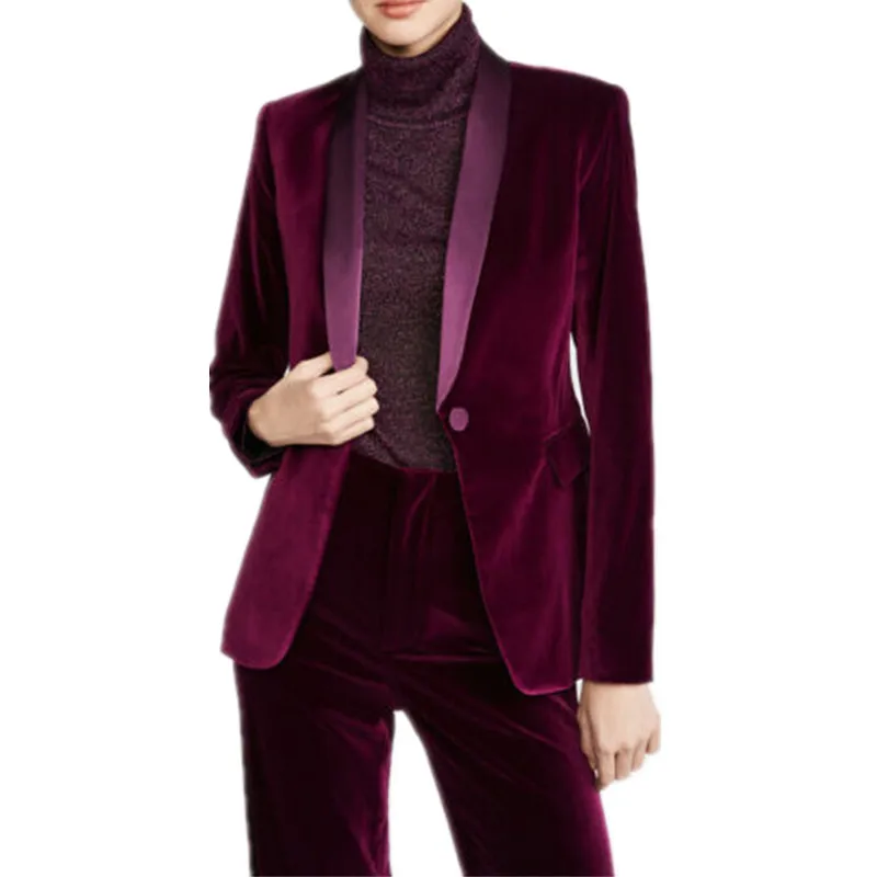 AI NI YA customizes Burgundy Women Velvet Business Suits Ladies Work Wear Shawl Lapel Tailor