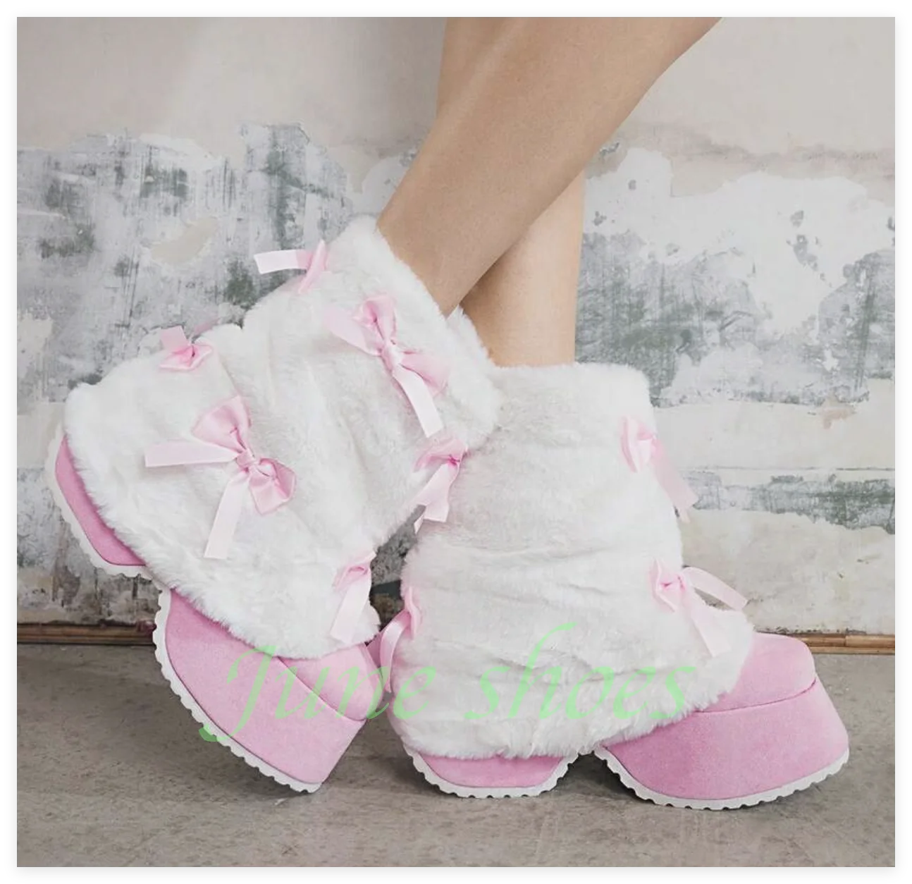 White Faux Fur Platform Ankle Boots Pink Satin Bowtie Decor Chunky Heel Winter Warm Sweet Lolita Women Elegant Fluffy Boots Size