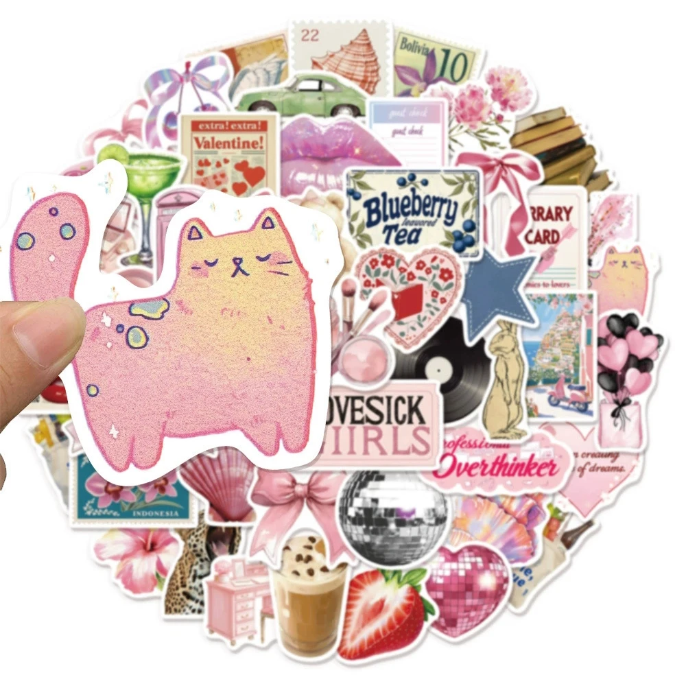

10/30/50pcs Vintage Ins Style Pink Aesthetic Stickers Cartoon Girl Decals DIY Luggage Phone Guitar Watercolor Graffiti Sticker