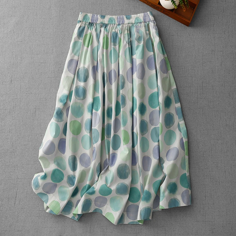 

RAIN YAN LIN 2026 Summer New Fashion Colorful Polka Dot Cotton Linen Skirt Women's Elastic High Waist Casual Versatile Skirt