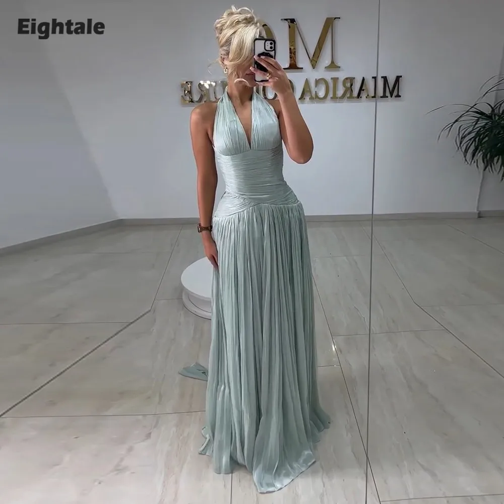 

Eightale арабское вечернее платье с лямкой на шее и складками из крепа по индивидуальному заказу длиной до пола, мусульманское трапециевидное платье для выпускного вечера, свадебное платье