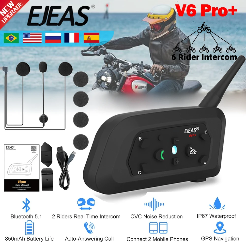 

EJEAS V6 PRO + Bluetooth мотоциклетный шлем, домофонная гарнитура, 6 гонщиков, 800 м, коммуникатор, IP67, водонепроницаемый музыкальный плеер, домофоны