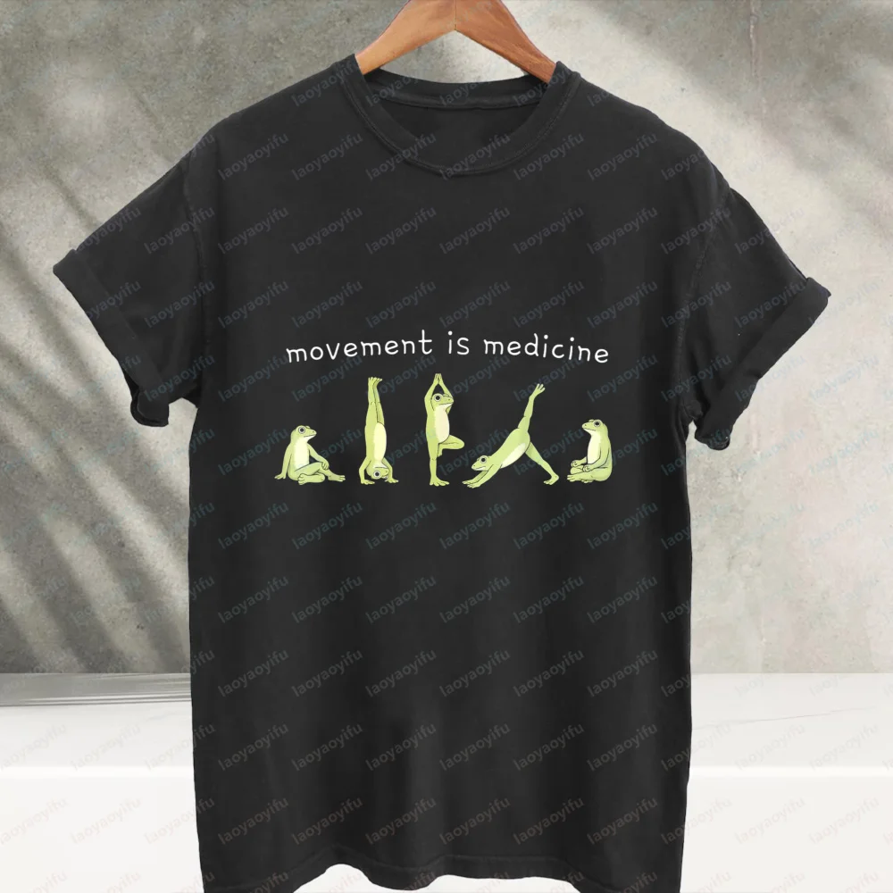 Movement Is Medicine Cute Yoga Frogs Graphic T‑Shirt Funny Animal Doing Yoga Pose Slogan Print Cotton Casual Streetwear Tee Tops