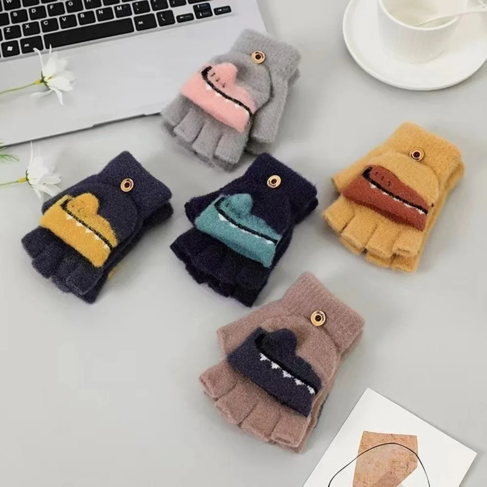 Knitted Kids Half-Finger Gloves Thick Warm Warm Flip Top Gloves Polyester Cartoon Crocodile Design Convertible Mittens