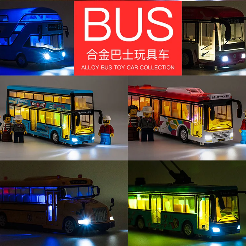 Autobús de dos pisos, modelo fundido a presión de aleación, sonido e iluminación, modelo de autobús Retro de Londres, Hong Kong, simulación de coche de juguete para niños, regalo