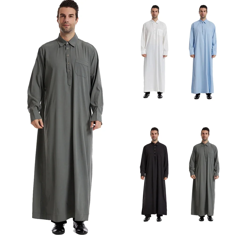 Homens árabe islâmico kaftan manga longa bolsos casuais robe muçulmano arábia saudita dubai masculino jubba thobe ramadan eid abaya vestido