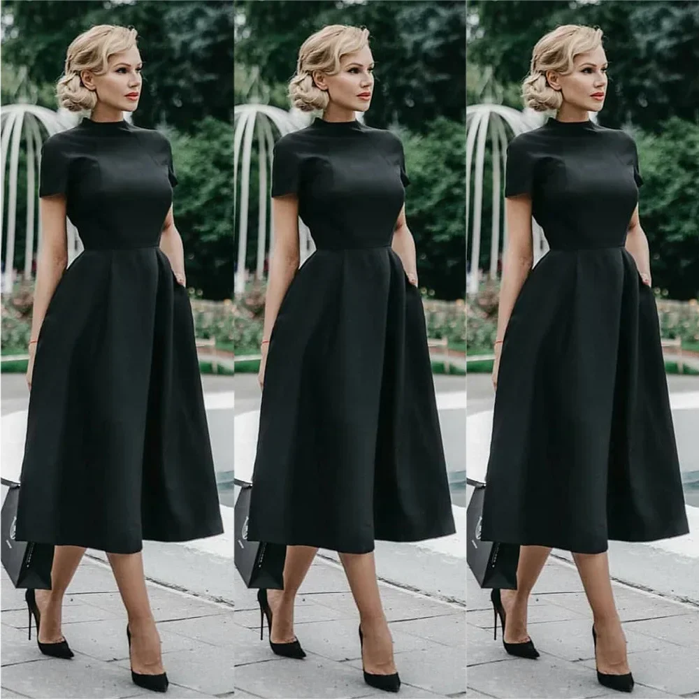 

Pop Solid Color Dress Retro Elegant Black Standing Collar Women's Summer New Style Temperament Short Sleeve White Women's Dress