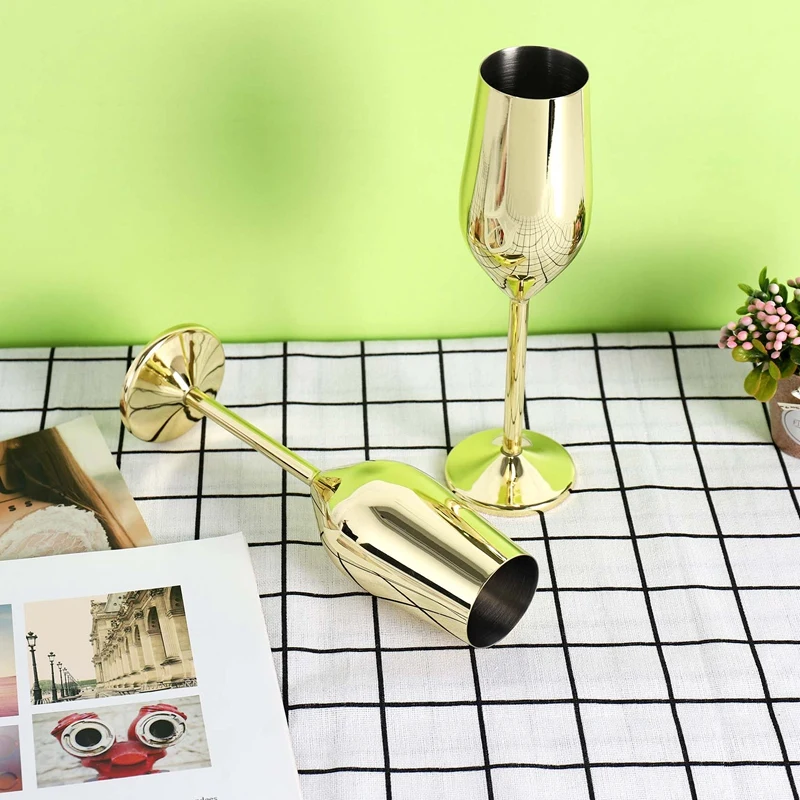 2Pcs/Set Shatterproof Stainless Champagne Glasses Brushed Gold Wedding Toasting Champagne Flutes Drink Cup Marriage Wine-A63M