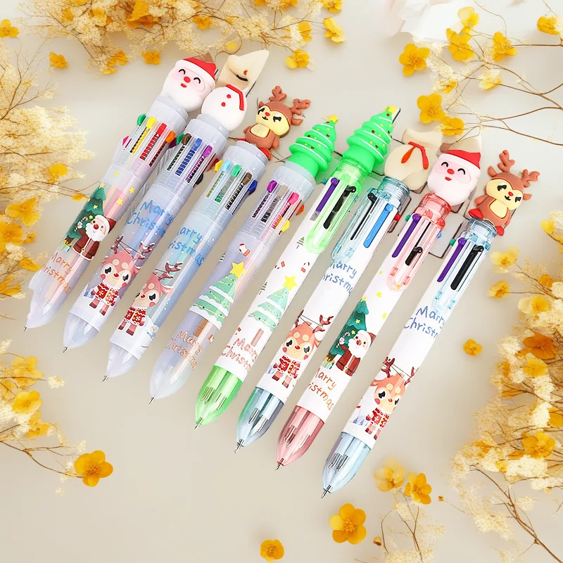 

10Pcs Christmas 6-color Ballpoint Pen Santa Elk Multi-color Ballpoint Pen Creative Hand Account Ballpoint Pen Oil Pen