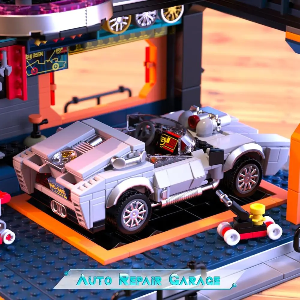 Paisaje urbano futurista Cyberpunk con kit de construcción de garaje de reparación y coche deportivo LED de 2098 piezas para adultos y adolescentes