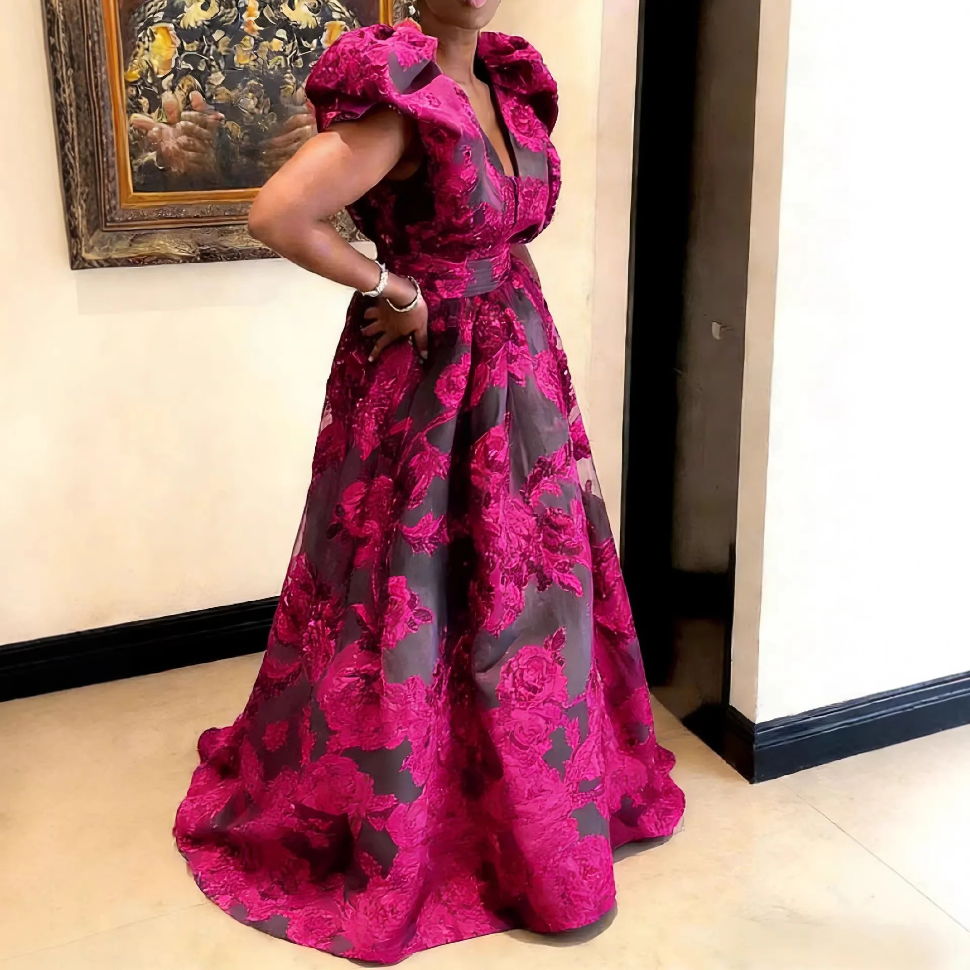 Abito da sera a trapezio in jacquard floreale bordeaux 2026 con maniche a sbuffo, lunghezza al pavimento, abito formale da festa, taglie forti, per invitati a matrimoni