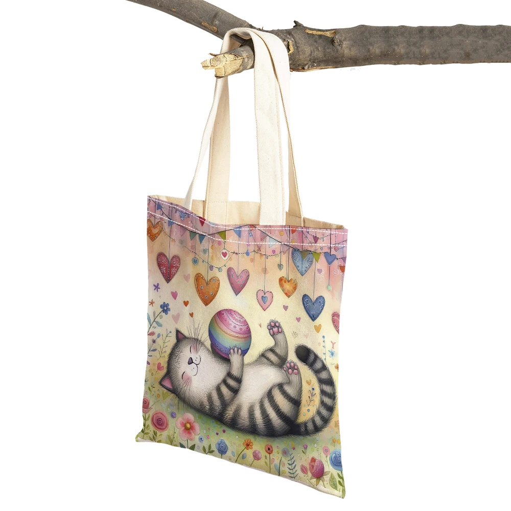 

Cute Cartoon Heart Cat Women Shopping Bags Double Print Pet Animal Girl Daily Commuting Tote Shoulder Handbags Lady Shopper Bag