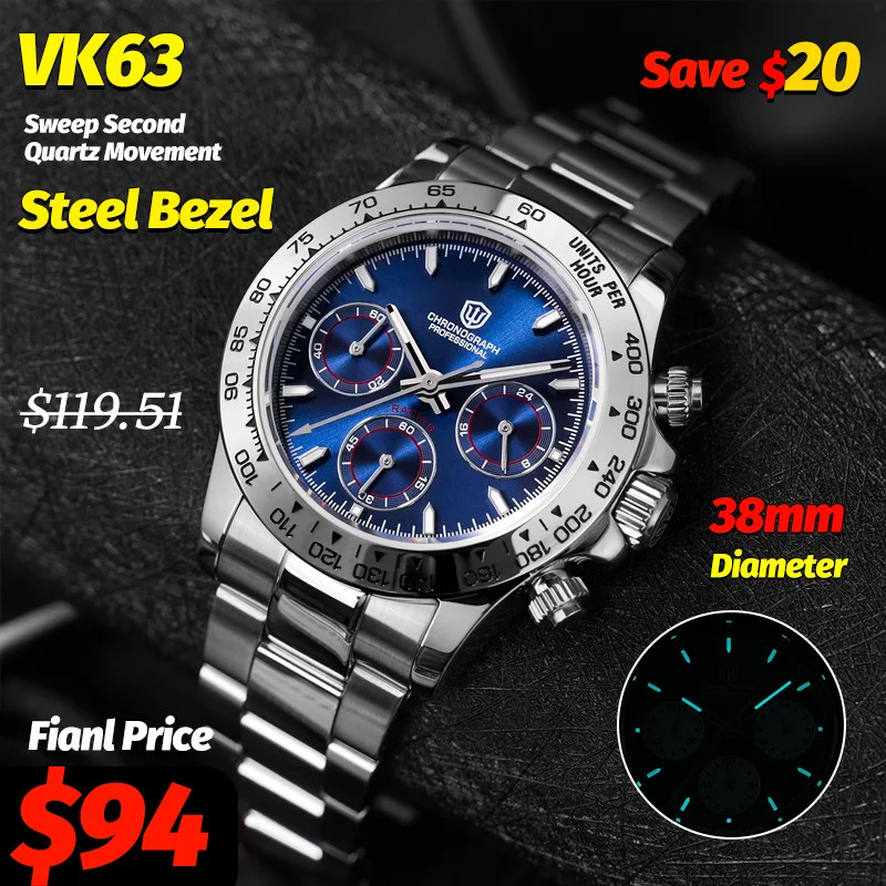 Watchdives Wd16500 V2 VK63 Chronograph Quartz Watch Sapphire Steel Bezel Sports Watches Man BGW9 10Bar Waterproof Wrist Watches