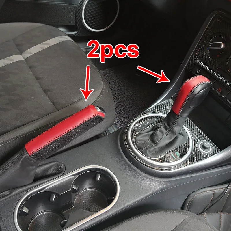 2pcs for Volkswagen Beetle AT Gear Ball Cover (1pc) + Hand Brake Cover (1pc) Top Layer Leather