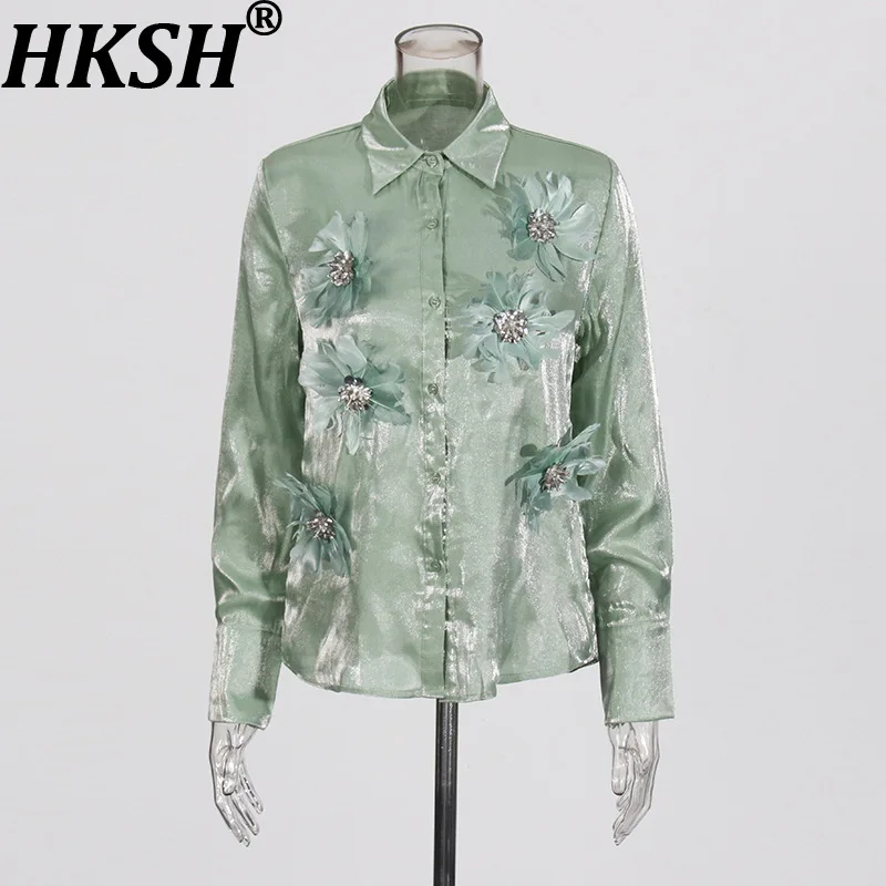 

Женская блузка HKSH с объемным цветочным декором, длинными рукавами, отложным воротником, элегантная шифоновая блузка, топ Ins, весна HK22176