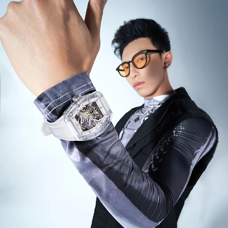 

BONEST GATTI Mountain Skeleton Tonneau Automatic Watch Men Transparent Waterproof Fluororubber Strap Mechanical Wristwatch