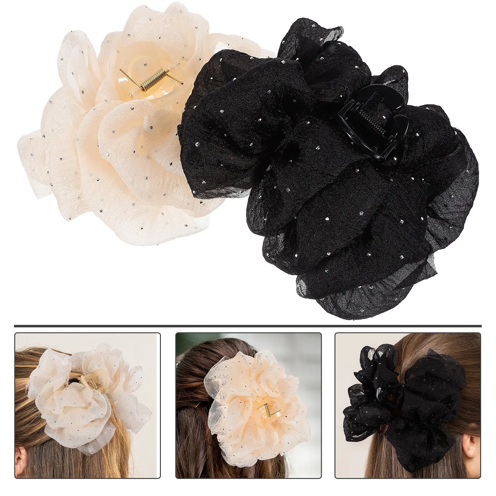 

2Pcs Bow Decorative Hair Claw Clips Rhinestone Chiffon Large Clips Stylish Thick Hair Accessories Chiffon Claw Clip