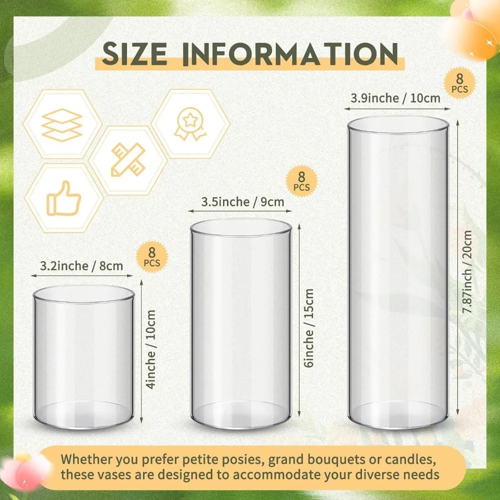 Nuogo 24 Pcs Plastic Cylinder Vases Tall Clear Flower Vases for Centerpieces Hurricane Candle Holder for Home Wedding Office