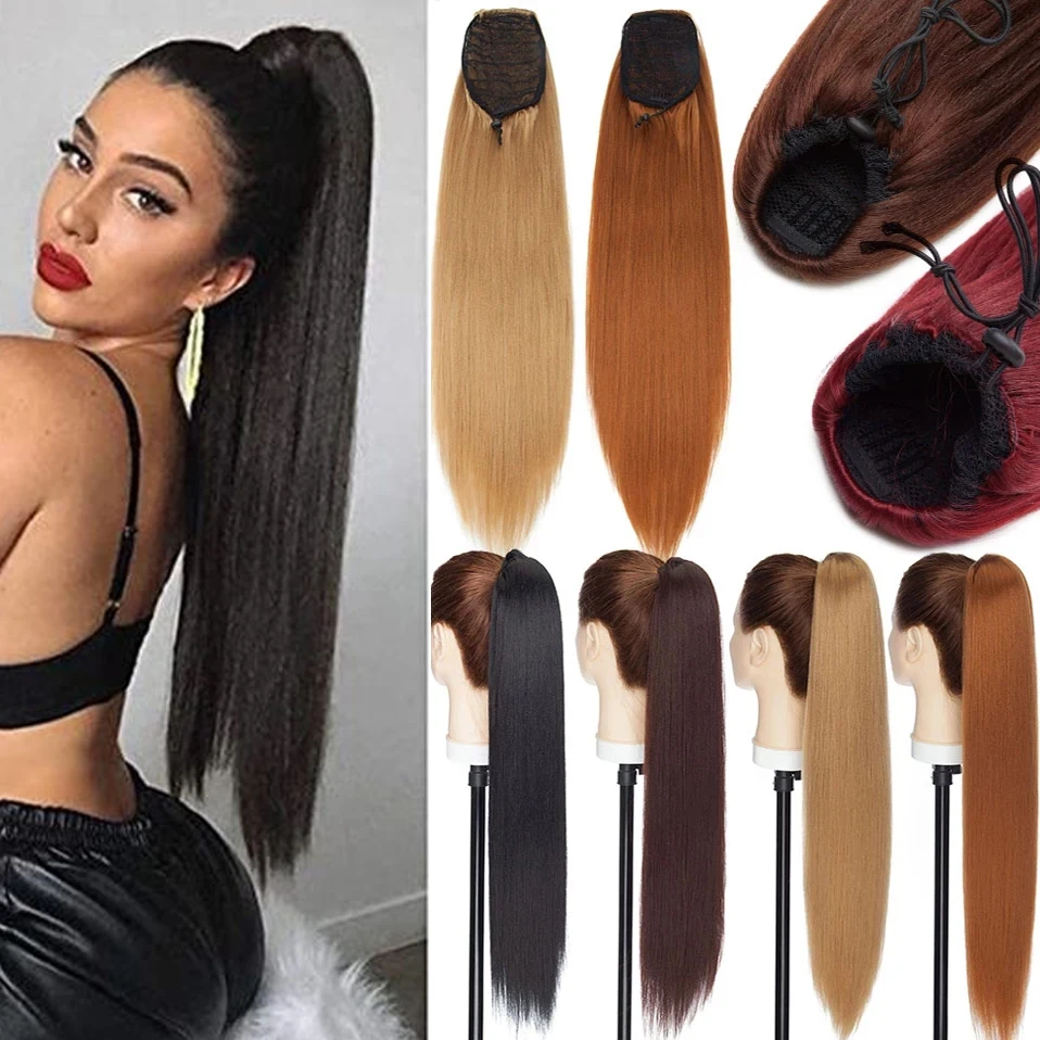 цена S-noilite Synthetic 22inch Yaki Straight Kinky Ponytail Clip In Hairpiece Hair Extension Drawstring Ponytail Fake Hair For Women