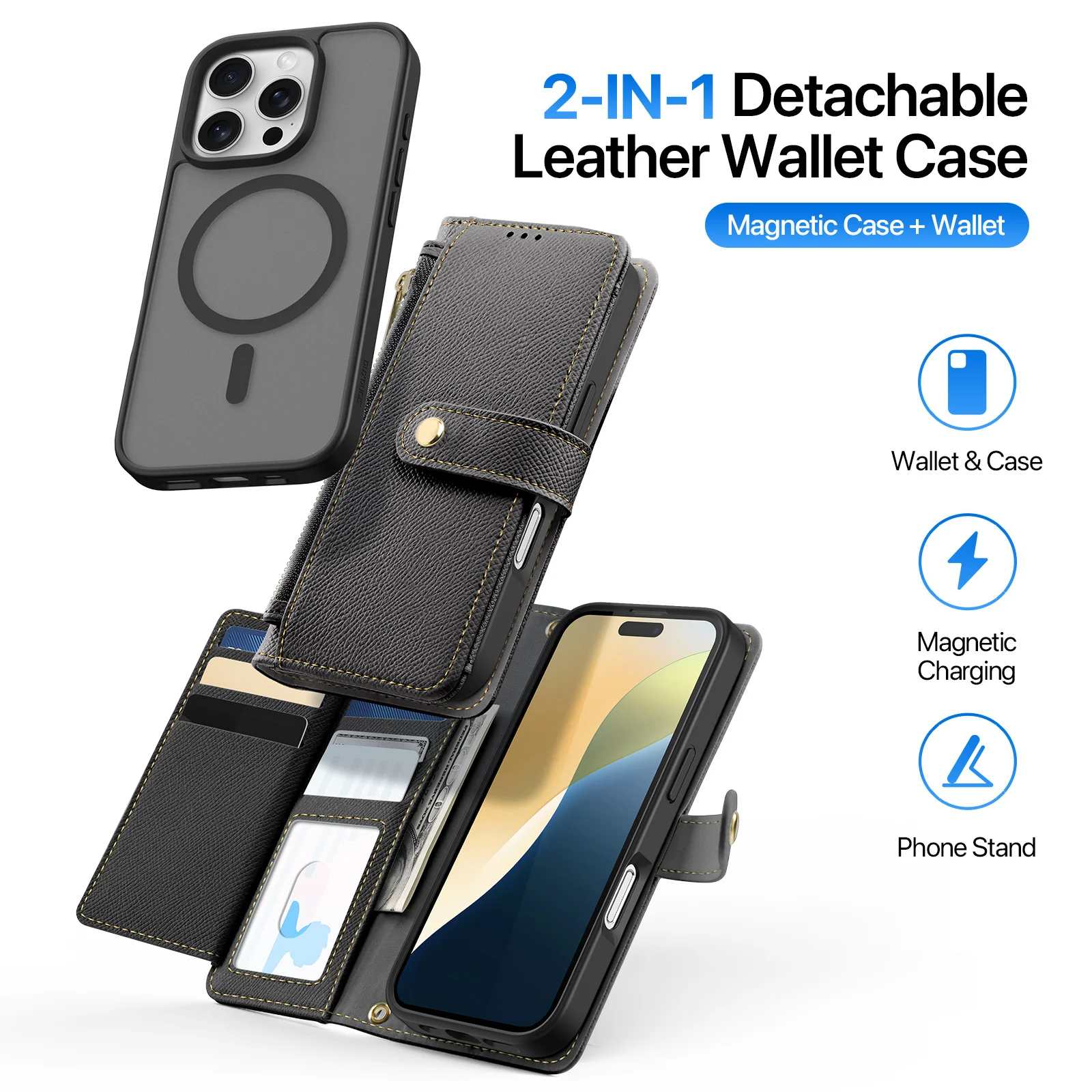 DUX DUCIS 2 in 1 Detachable Wallet Magnetic Leather Case for iPhone 16 Pro Max 15 Plus Magnet Clasp Folio Flip Case Multi-Slots