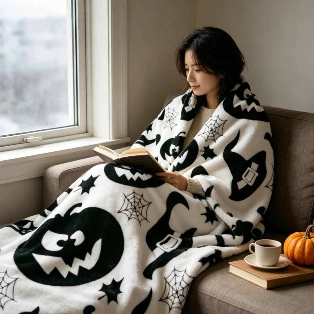 Custom Name Halloween Flannel Blanket, Personalized Throw Blanket Add Your Name, Black White Pumpkin Witch Hat Cat Spider Web Pa