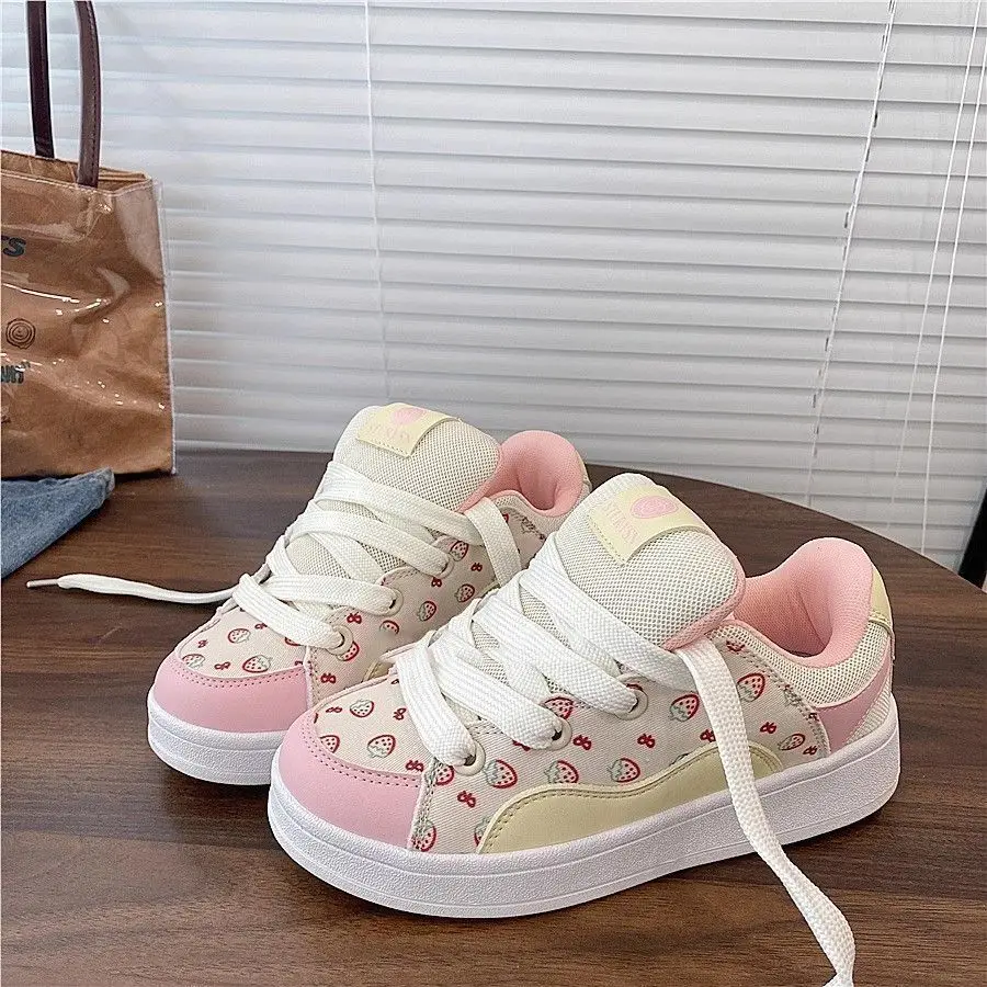 

SHANPA Strawberry Print Women Sneakers Niche Low-top Korean Style Pink Sweet Womens Sports Shoes Versatile Casual Female Shoes