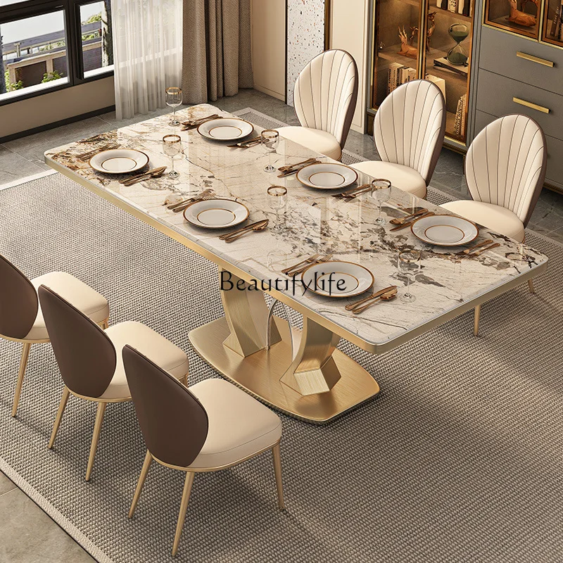 Rock slab dining table titanium stainless steel chassis bright light luxury high-end household small apartment