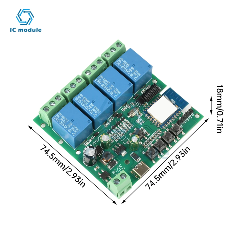 Smart WiFi Relay Switch Module USB 5V DC 7-32V 4-Channel Wifi Remote Control Relay Switch Module for Tuya APP