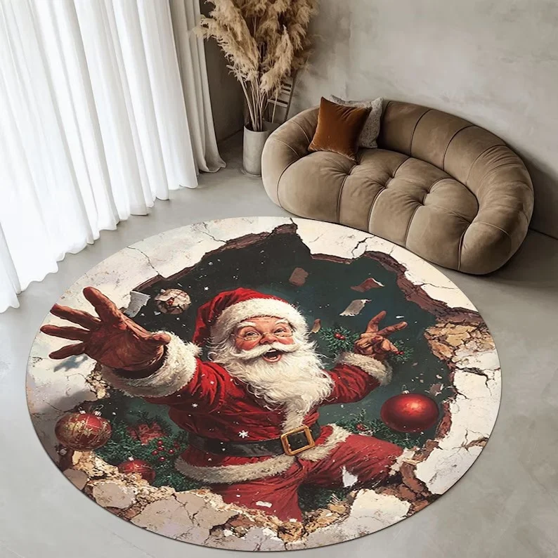 3D Vortex Santa Claus Riding on A Small Train Circular Carpet Visual Illusion Christmas Theme Carpet Bedroom Non Slip Floor Mat