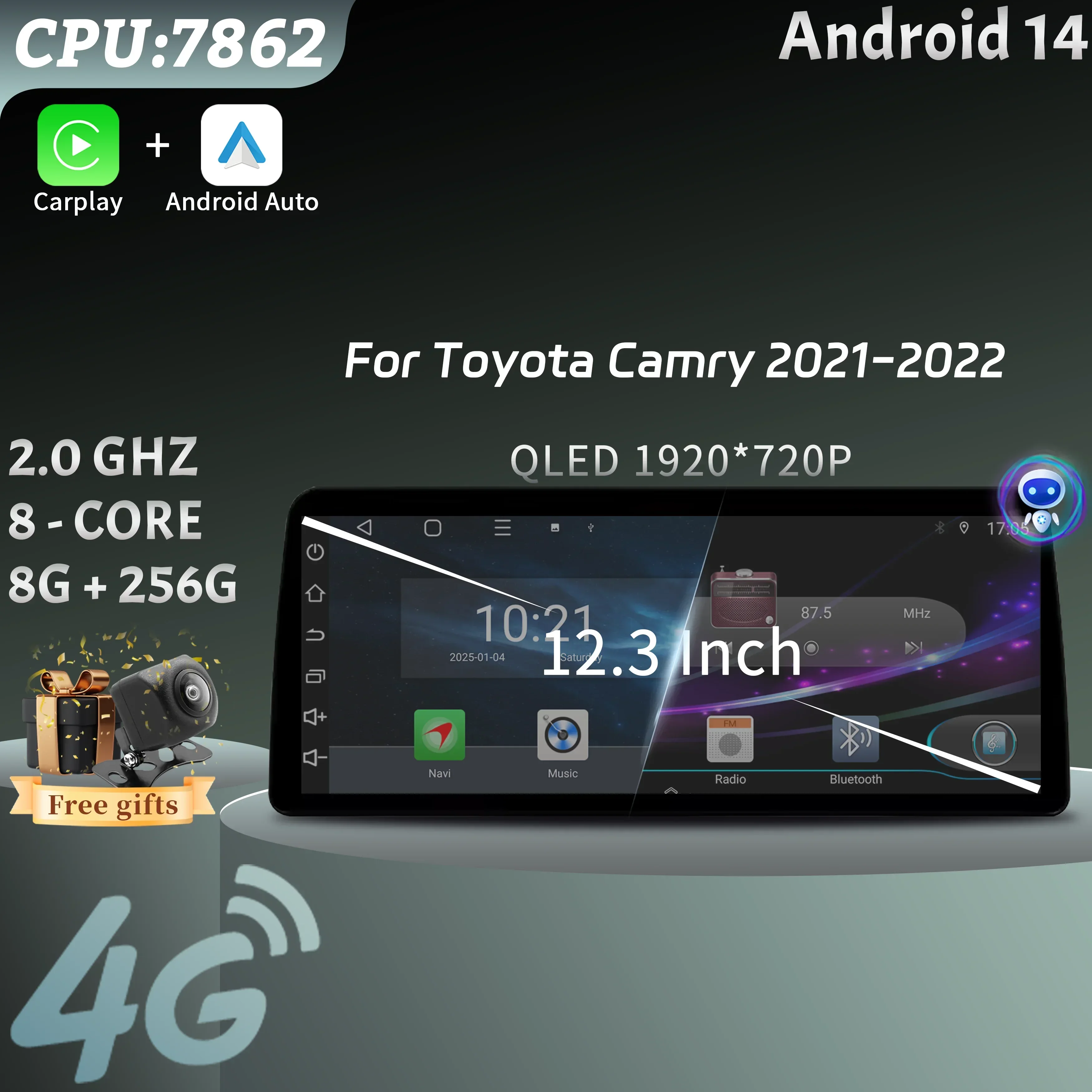 12.3inch For Toyota Camry 2021-2022 Car Radio Multimedia Android 15 4G GPS Navigation Wireless BT Carplay Head Unit Touch Screen