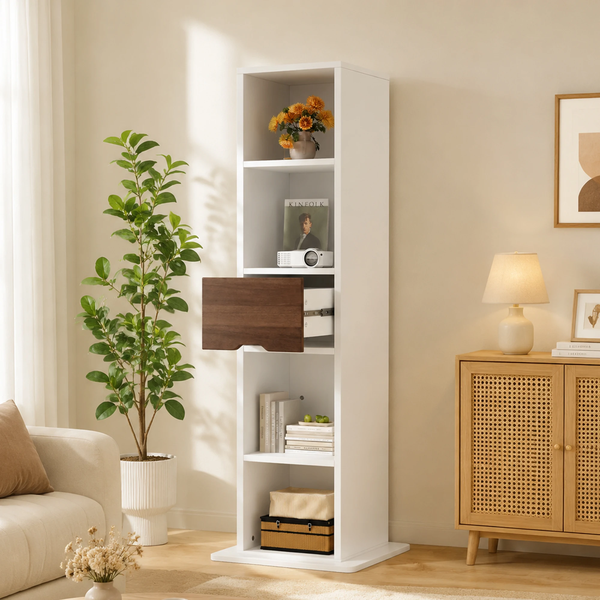 Meuble de rangement rotatif 45x45x168 cm avec miroir pleine longueur, étagères ouvertes, tiroir avec rails de guidage, meuble de rangement autoportant avec miroir en blanc, MDF, 4 compartiments de présentation, base pivotante, design minimaliste pour salon, chambre à coucher, petits appartements