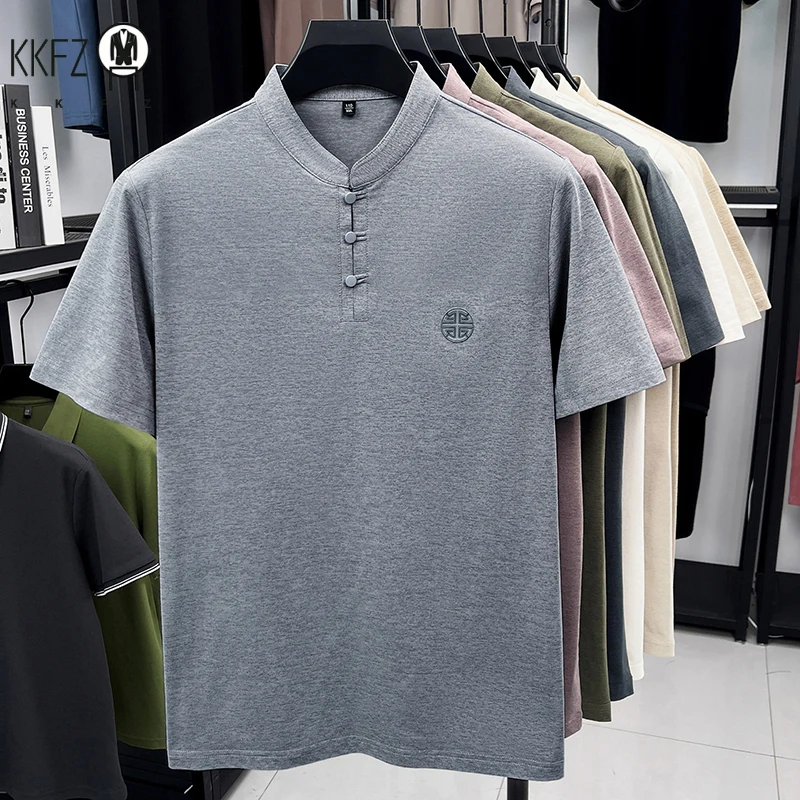 Mens Casual Short Sleeve Henley Shirt Mandarin Collar Frog Button Chinese Style Embroidered Summer Top