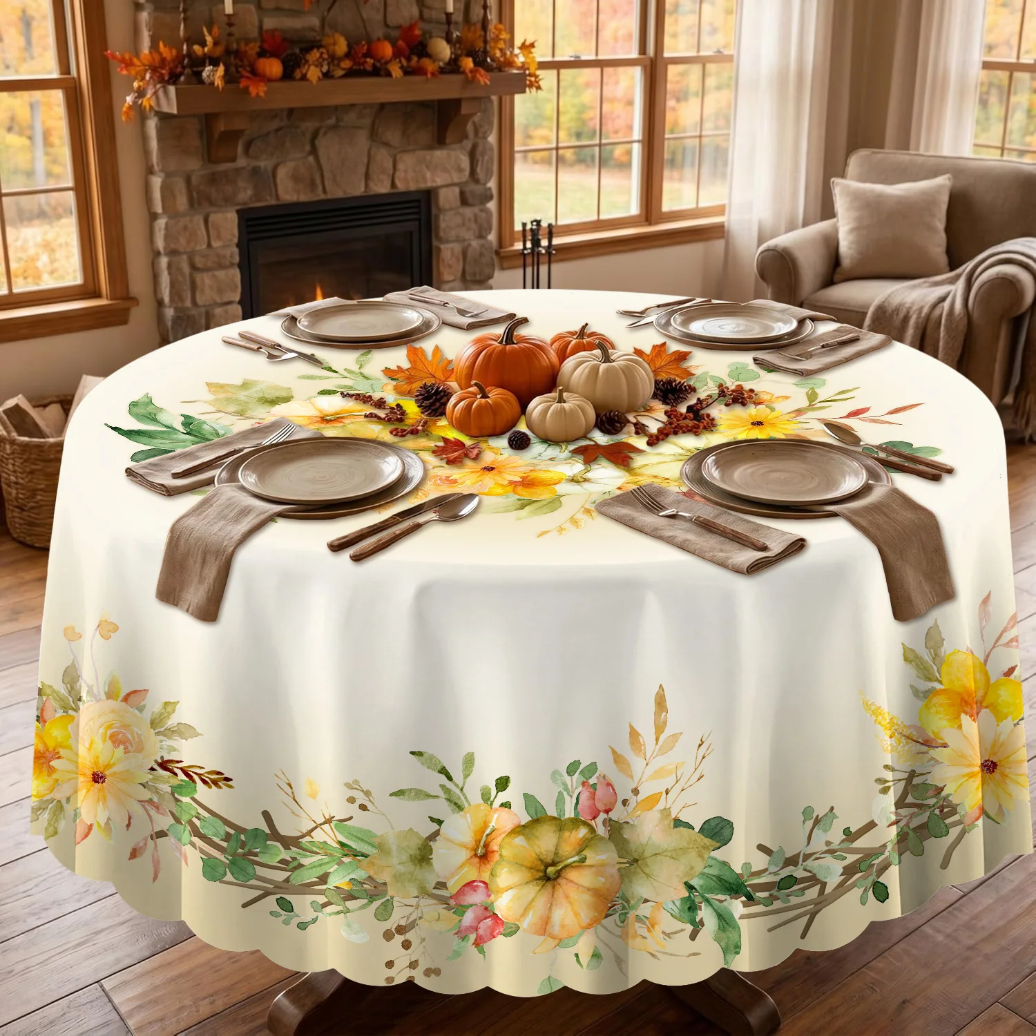 Thanksgiving Fall Tablecloth Orange Pumpkin Maple Leaf Round/Square Autumn Harvest Table Cover for Kitchen Dinner Room Outldoor