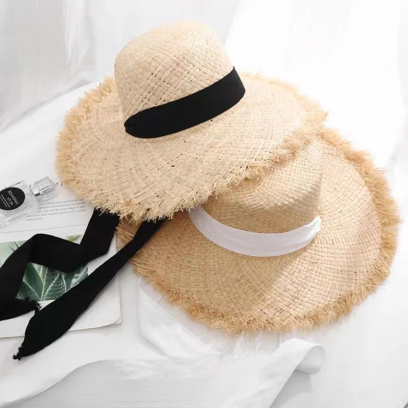 Fashion Handmade 100%natural Raffia Dame Top Big Brim Straw Hat Beach Girl Holiday Panama Sunscreen Breathable Sun Hat Wholesale