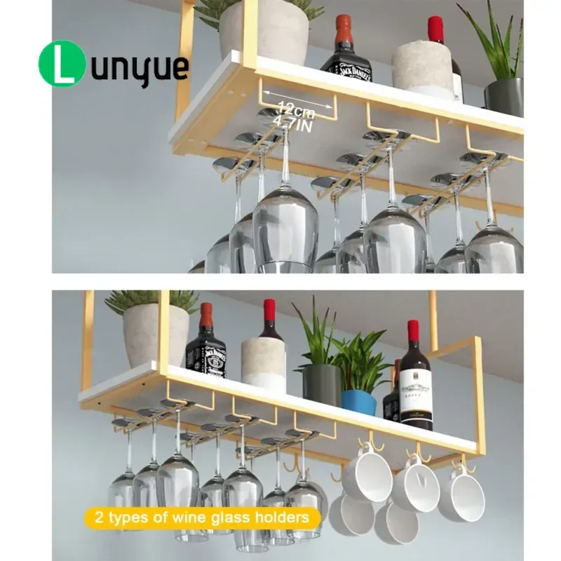 Hanging Metal Wine Rack with Glass Cup Mug Holders and Shelves Wooden Wine Bottle Storage for Bar Cafe Kitchen Restaurant