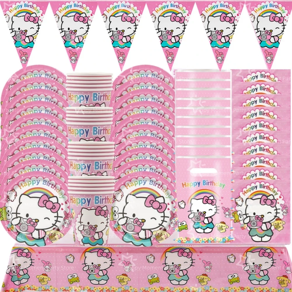 Kit de fête d'anniversaire Hello Kitty, vaisselle, décoration Hello Kitty, nappe, gobelet, assiette, fête prénatale, cadeaux d'anniversaire Hello Kitty