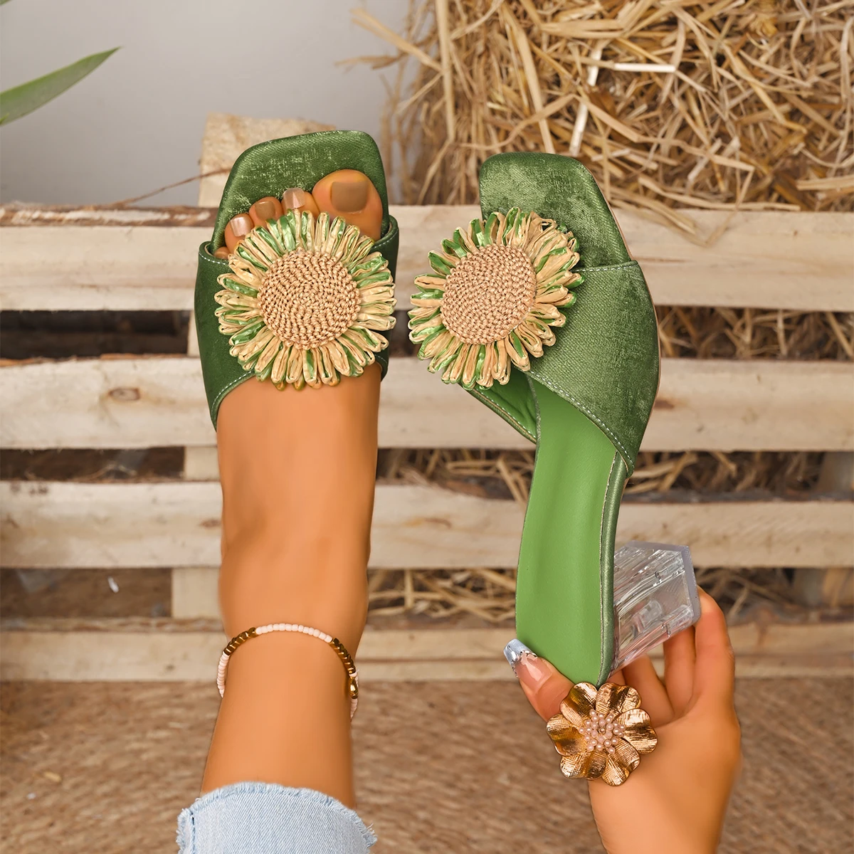 Women Sandals Handmade Crystal Flower Embellishment Sandals Women Colorful Rhinestone High Heel Leather Summer Shoes Women