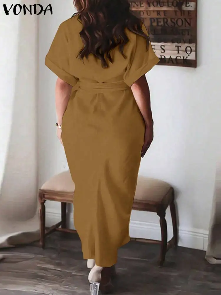 VONDA Plus Size 5XL Fashion Women Shirt Dress 2024 Autumn Sundress Solid Color Casual Loose Pleated Robe Lapel Neck Vestidos