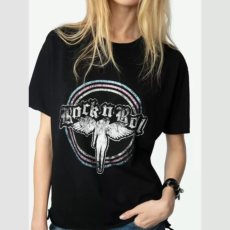 

Spring New Sle Women's round Ne ort Sve T-irt Angel Print Rhinestone Hem Street Sle Loose Fit Cotton Sweat-ng