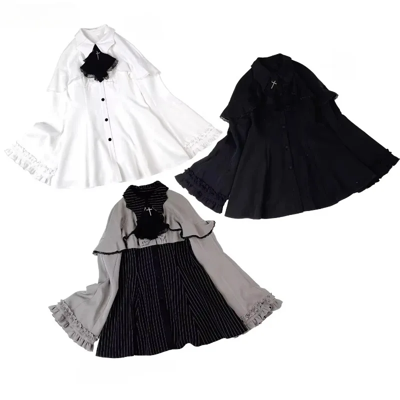 Vintage Lolita Style Mini Dress Set Women Gothic Y2k Loose Flare Sleeve Fake Two Pieces Party Dresses Female Kawaii Cute Vestido